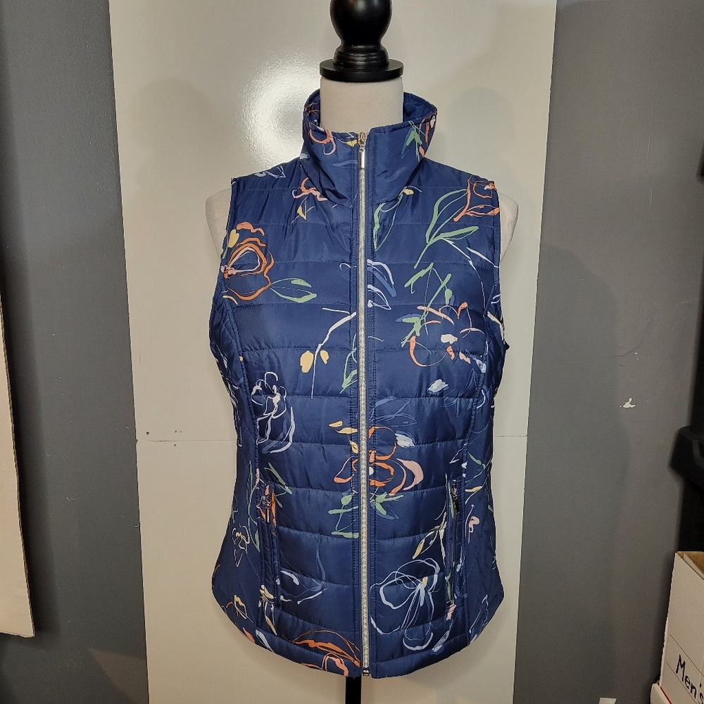 Christopher & Banks Navy‎ Floral Puffer Vest Women’s Size Small Zip Front